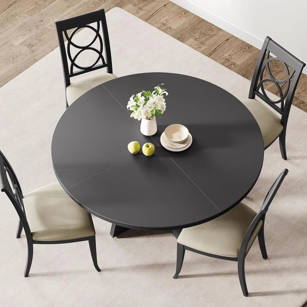 47-inch round farmhouse dining table set for 4-6 wooden top and legs home room - united states / black