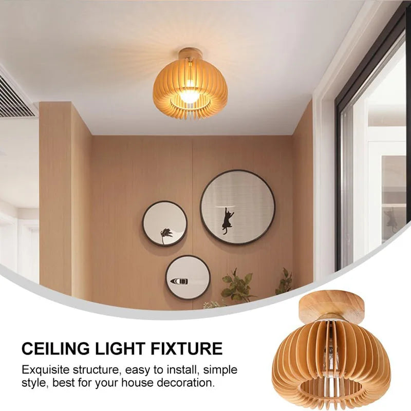 2pcs wood art ceiling lamp e27 base japanese pumpkin style dining room bed bedside light home living decor