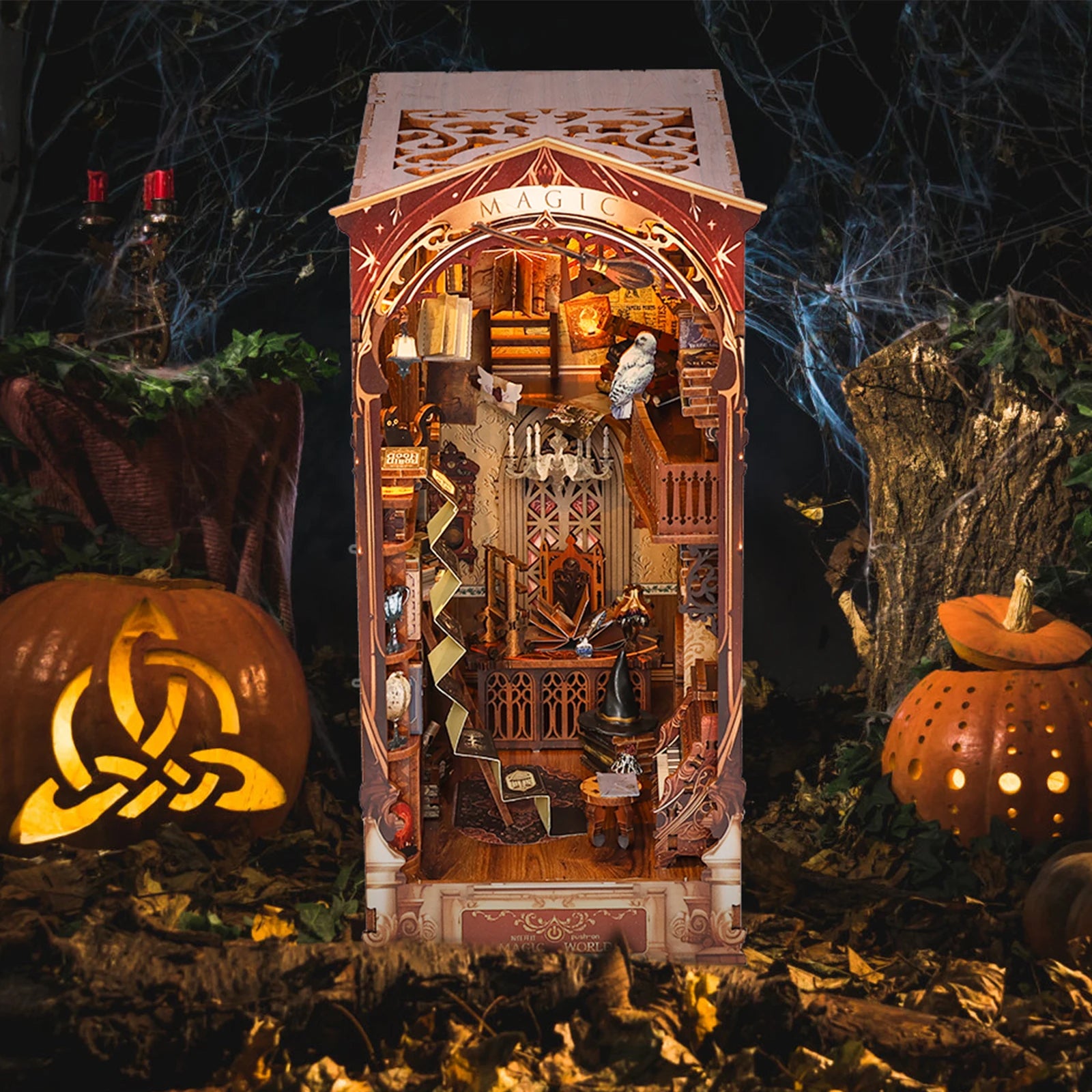 3d bookend kit wooden lighted diy book nook magic world mini dollhouse model bookshelf insert decor building