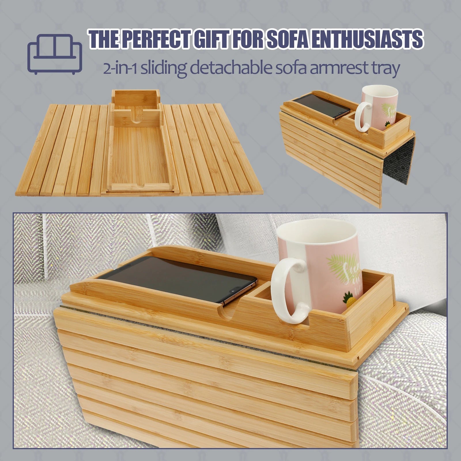 Couch cup holder bamboo wood sofa armrest tray foldable anti-slip arm side storage