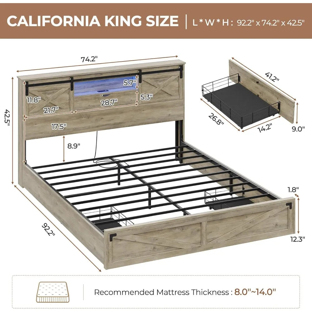 Hasuit farmhouse bed frame california king size with storage bookcase headboard wooden cal led lights charging s
