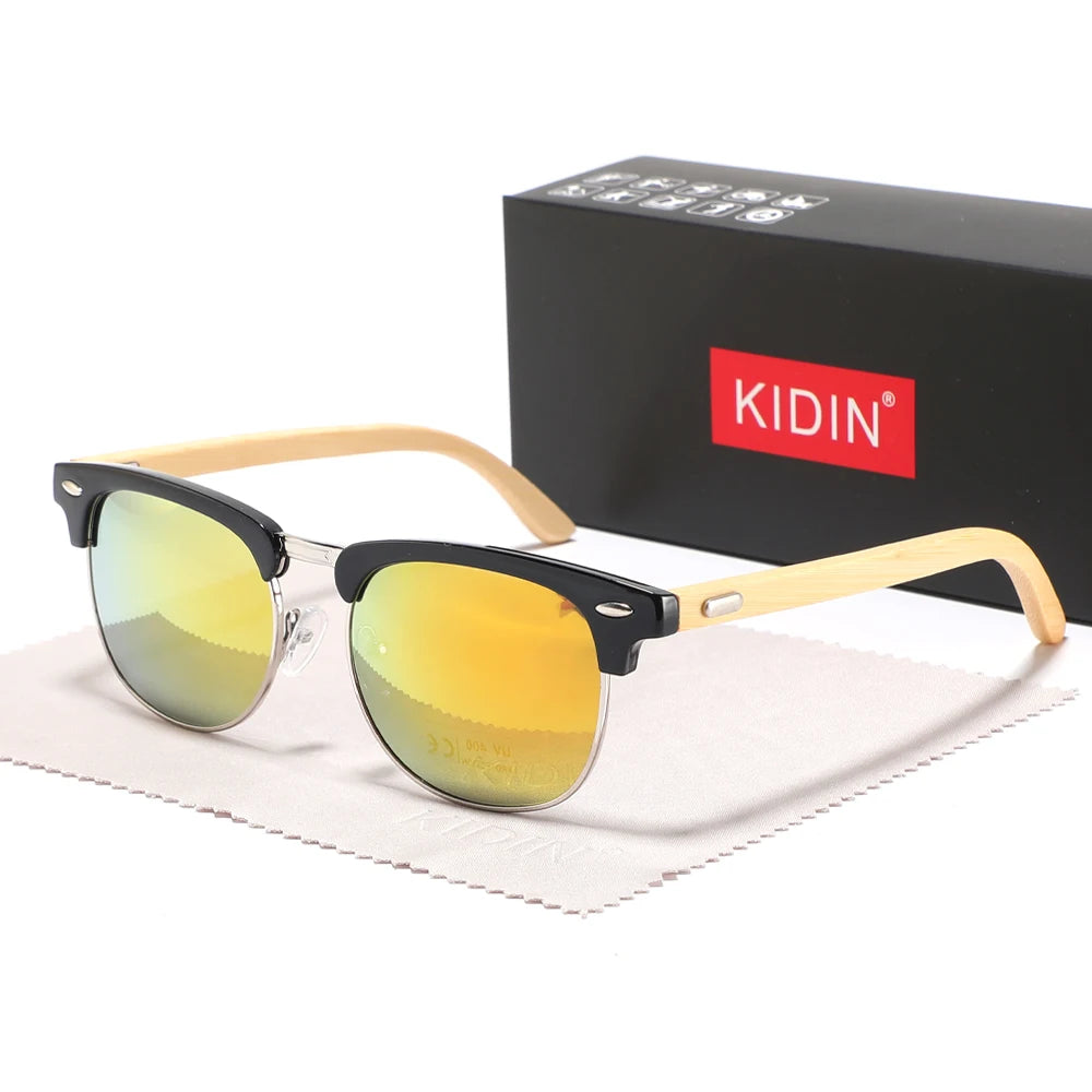 Fashionable new rice nail glasses men half frame bamboo and wood sunglasses classic retro wooden foot women - red mirror