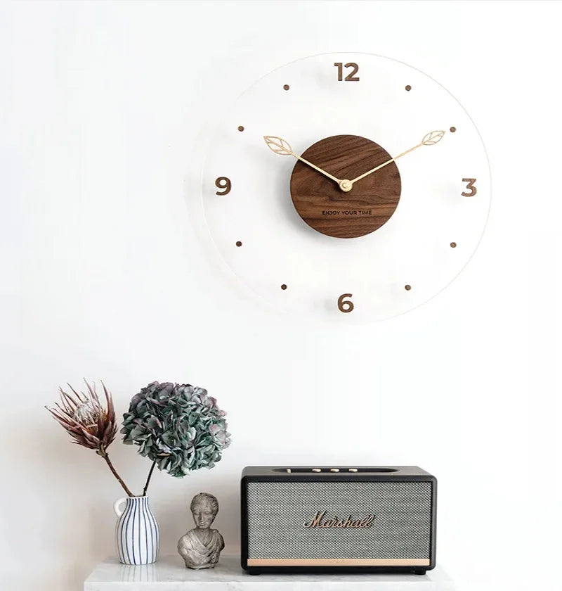 Simple nordic black walnut wooden wall clock creative solid acrylic glass home living room decorative