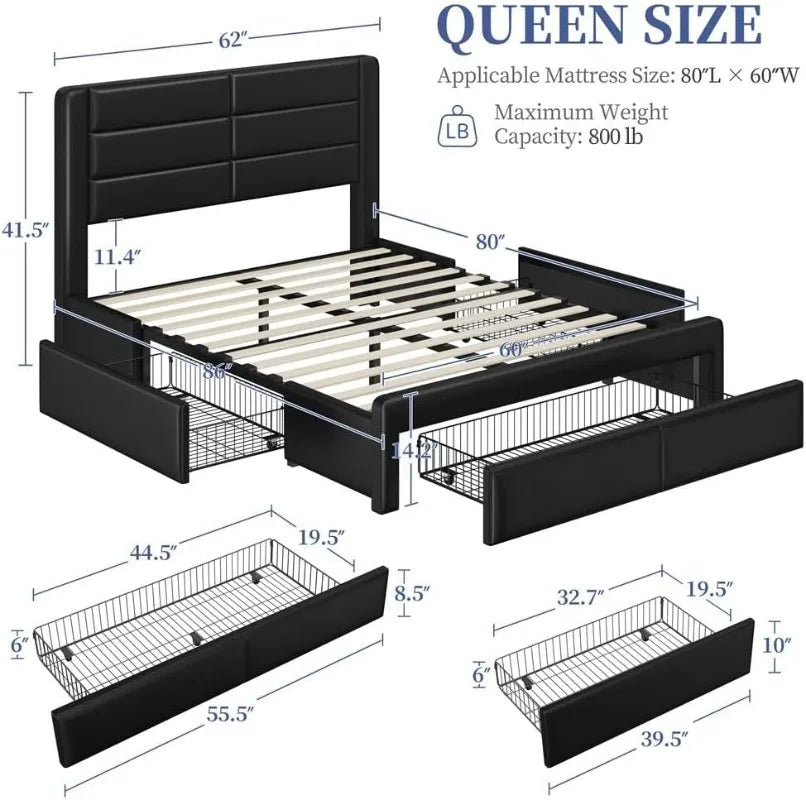 Queen size bed frame with headboard/2 usb charging station/port for type a&type c/3 storage drawers/solid wood slat su
