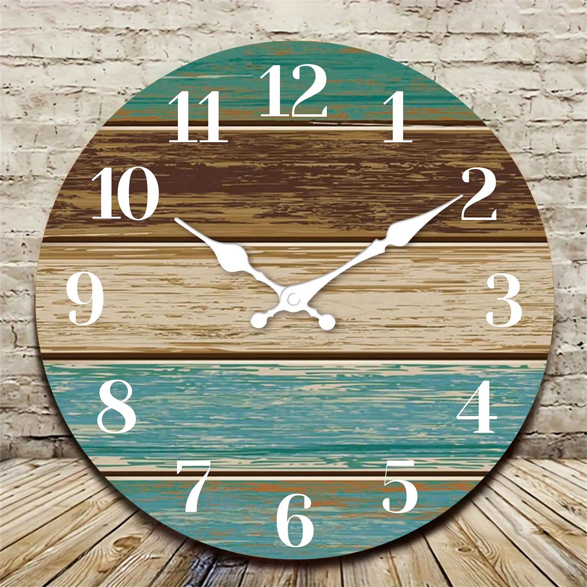 1pc wooden veneer wall clock retro blue and brown wood texture design home mute coast sea theme cl