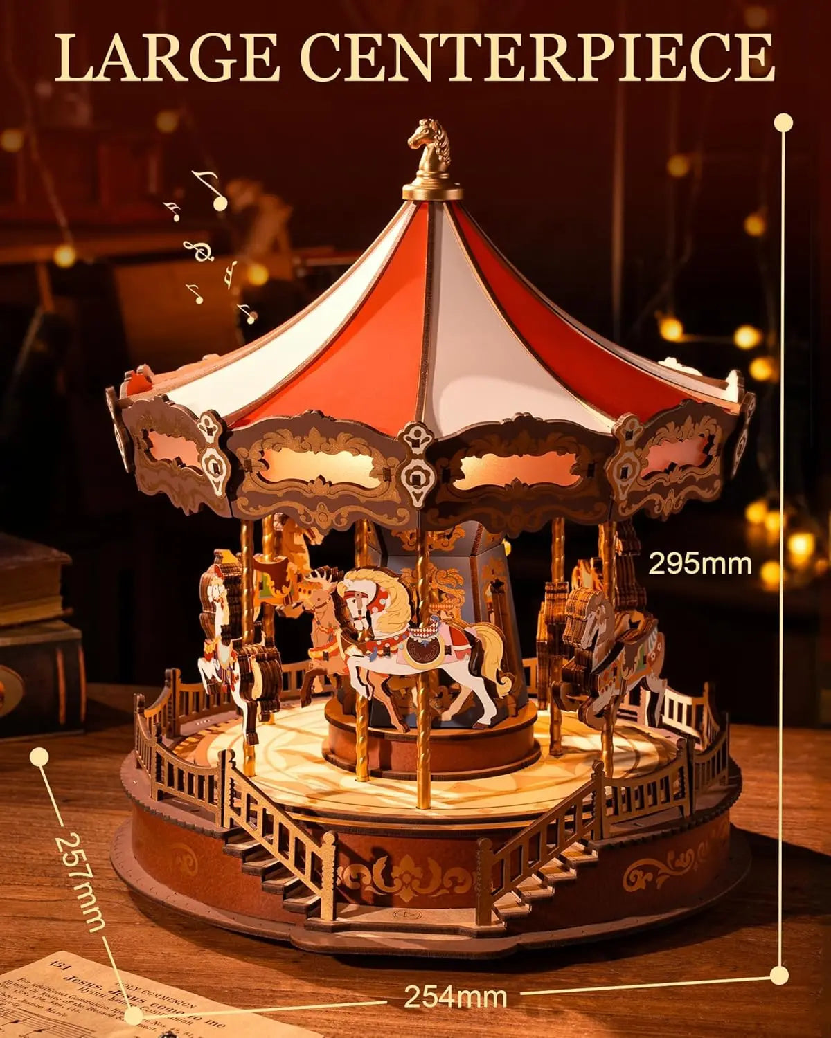 Robotime 3d wooden puzzle carousel music box with led lights gear model building construction craft kits xmas gifts