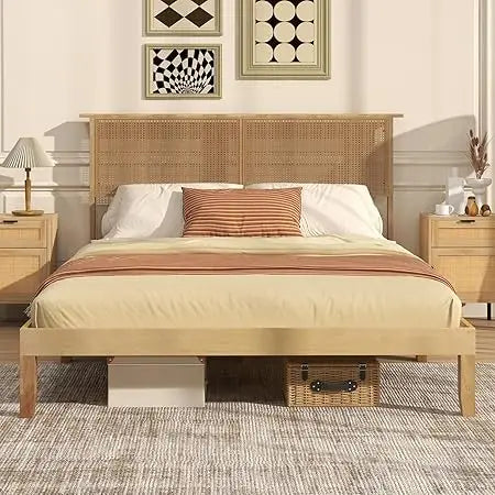 Giantex queen size rattan bed frame with headboard boho solid wood platform wooden slats 12 inch que - natural / united