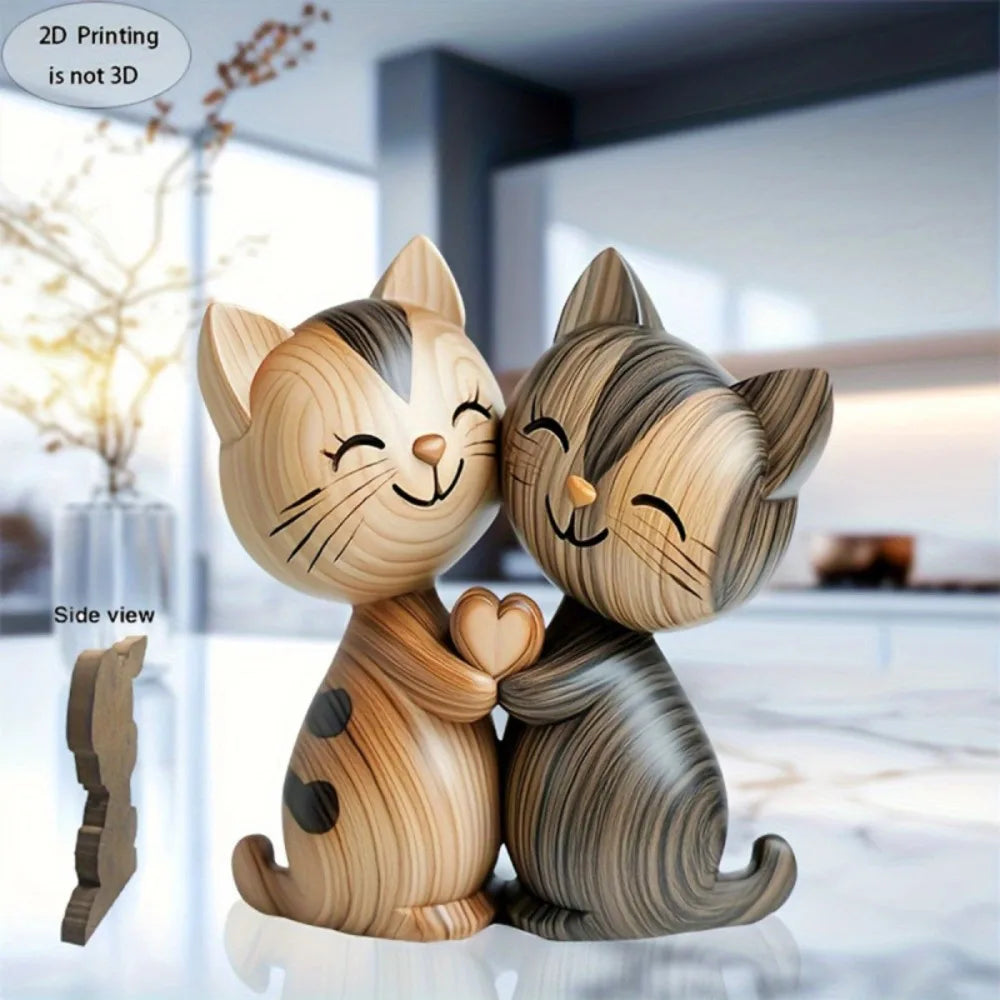 Wooden kitten dog couple sculpture 2d flat cat rabbit gift light dark wood grain desktop entrance home decor decorative