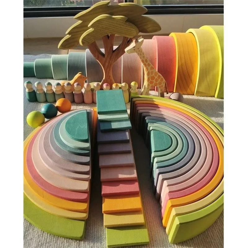 High quality wooden toys pastel basswood rainbow stacking blocks pine building semi sorting peg dolls balls for kids