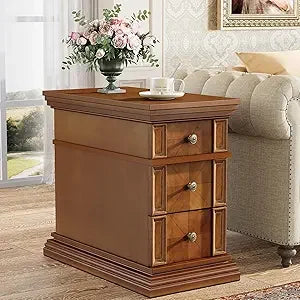 Vintage 3-drawer narrow end table slim rectangular wooden bedside furniture for living room use - dark walnut / united
