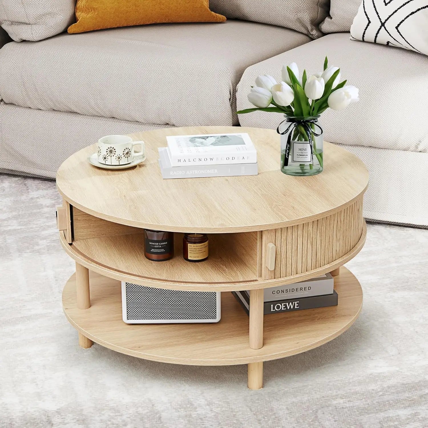 31.5’’ round coffee table with storage wood circle sliding cabinet doors fluted dining accent - natural / united states
