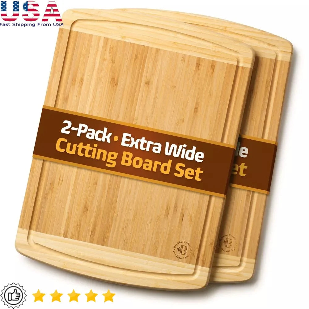 Large bamboo cutting boards set 2 pack deep juice groove charcuterie serving tray non-slip durable kitchen chopping