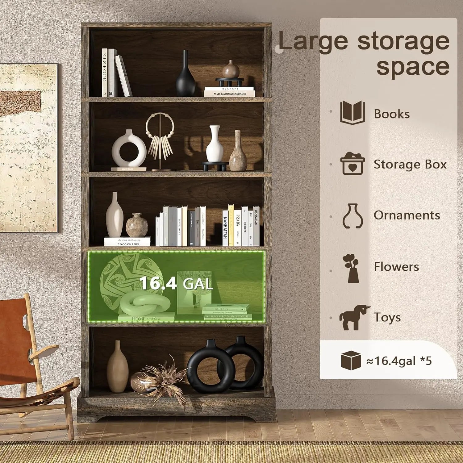 5-shelf wood bookcase 65 h tall bookshelf with storage floor standing display book shelf (rustic brown) - united states