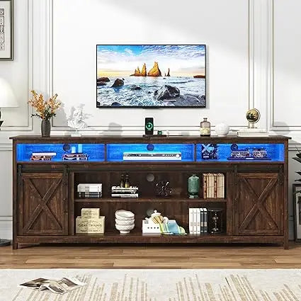 Led farmhouse tv stand for 90/85 inch tvs rustic entertainment center cabinet stands with power outlets brown - united