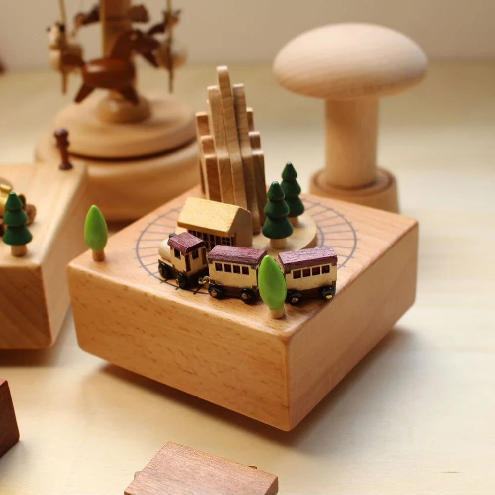 Cottage garden castle car woodgrain wind-up musical figurine wooden creative music box carousel train birthday gifts