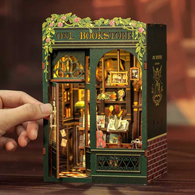 Cutebee diy book nook kit miniature dollhouse with light wooden bookshelf insert retro booknook decor for gifts