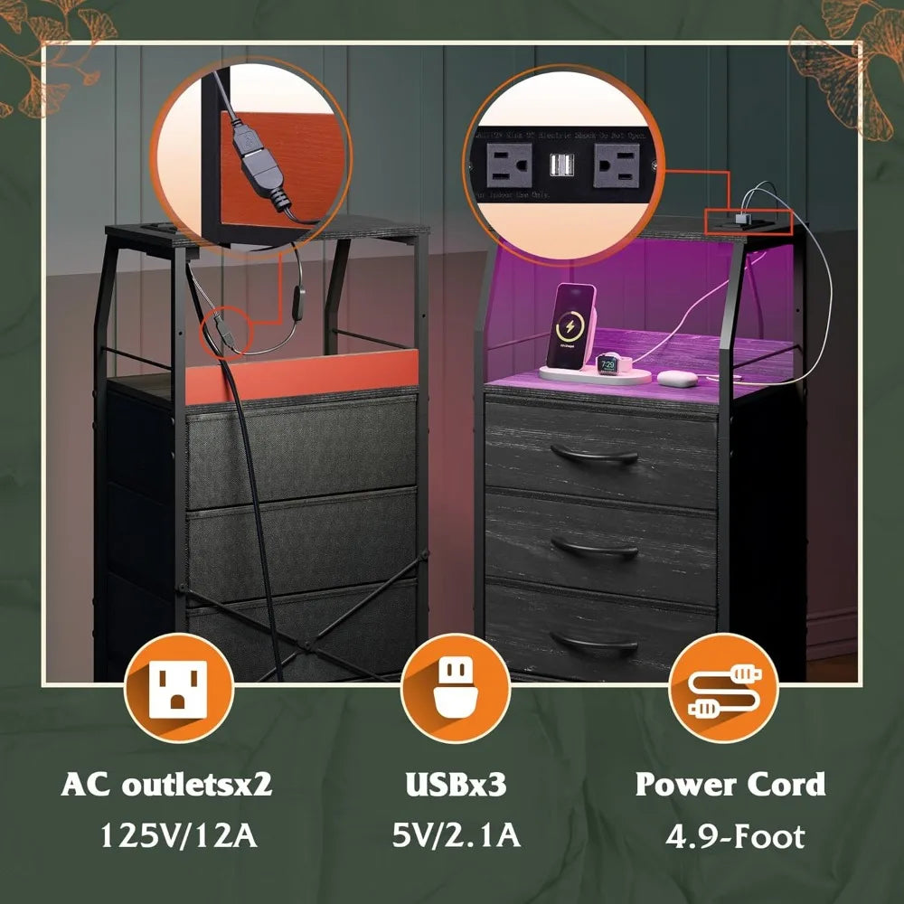 Pair of modern nightstands with built-in charging station led lighting and fabric drawers for bedroom storage - united