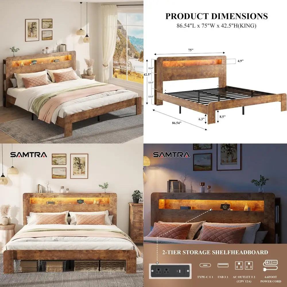 King size farmhouse style platform bed frame with storage headboard bookcase shelf and led lights - rustic brown