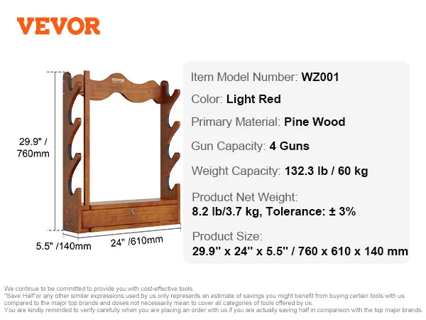 Vevor gun rack wood wall mount display holds 4/5 rifles shotguns 132 lbs heavy duty rifle w/ soft padding - 4-slot
