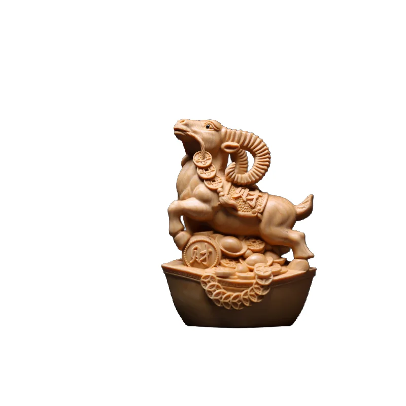 Hand-carved hinoki wood zodiac animal figurine - 6’’ chinese feng shui sculpture home decor collectible art gift - goat