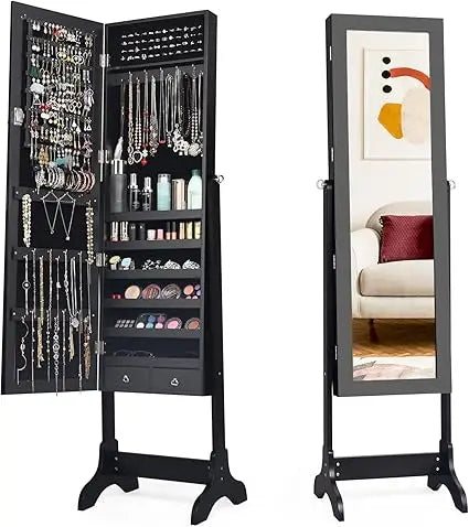 Large wooden mirrored jewelry box with adjustable angles and ample storage capacity - united states / black