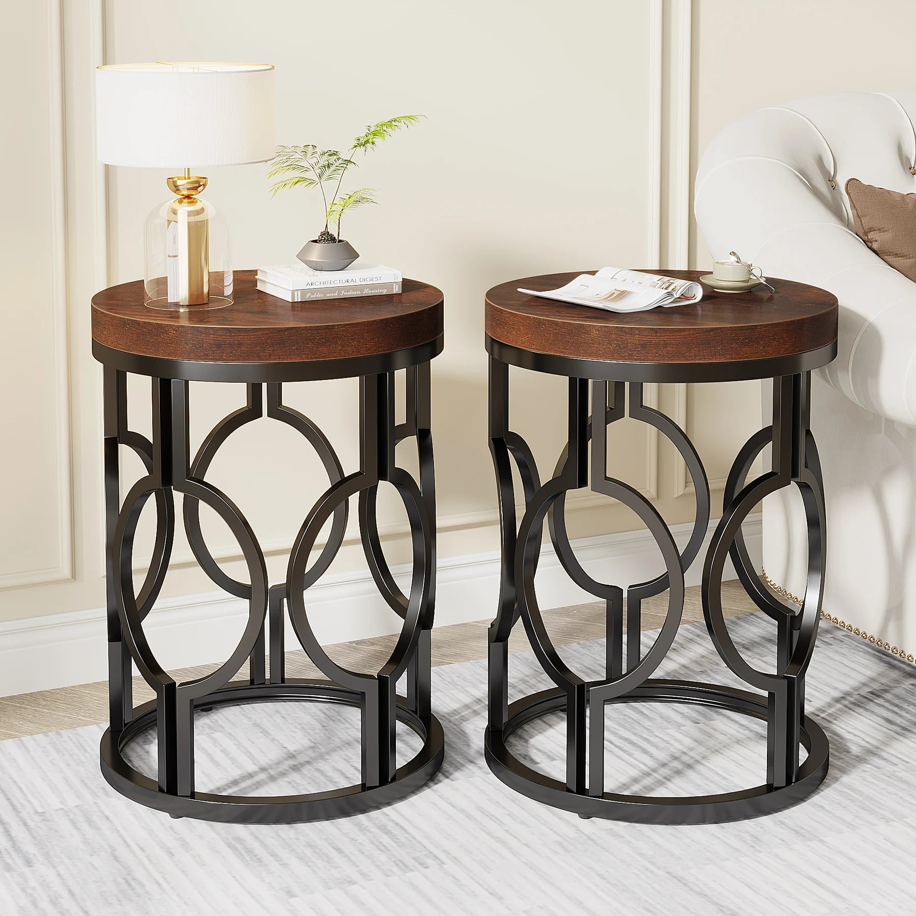 Tribesigns round end table industrial sidetable with metal hollow frame small bedside nightstand for living room