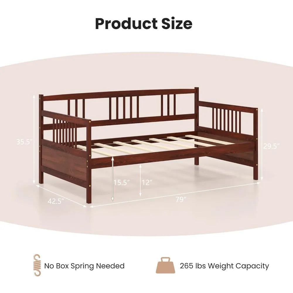 Giantex twin daybed frame wooden sofa bed guest with rails & wood slat support dual-use size platform for l