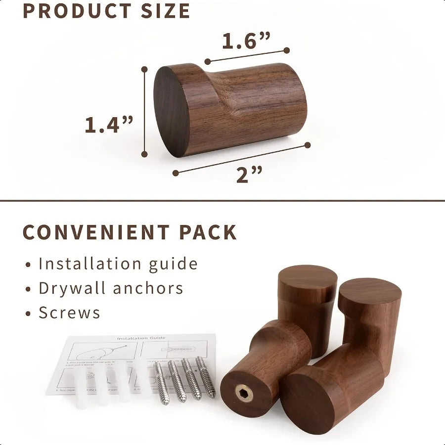 Natural wooden wall mounted hooks pack of 4 modern handmade decorative wood pegs minimalist for hanging hat coats black