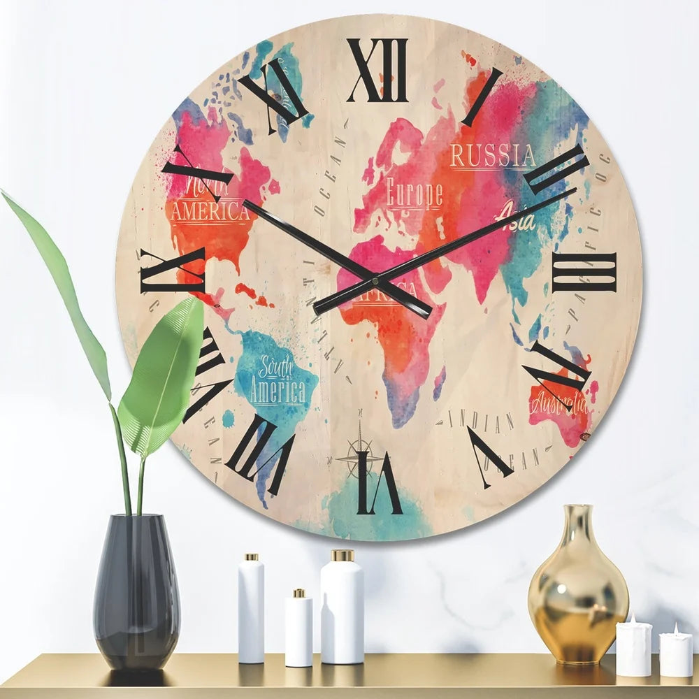 Modern wood wall clock world map art unique design home office decor ready to hang natural pine battery included