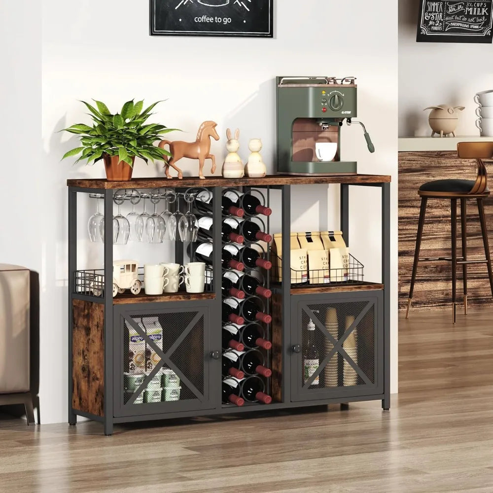 Contemporary wooden home bar cabinet rustic wine buffet with liquor storage and glass holder - rack