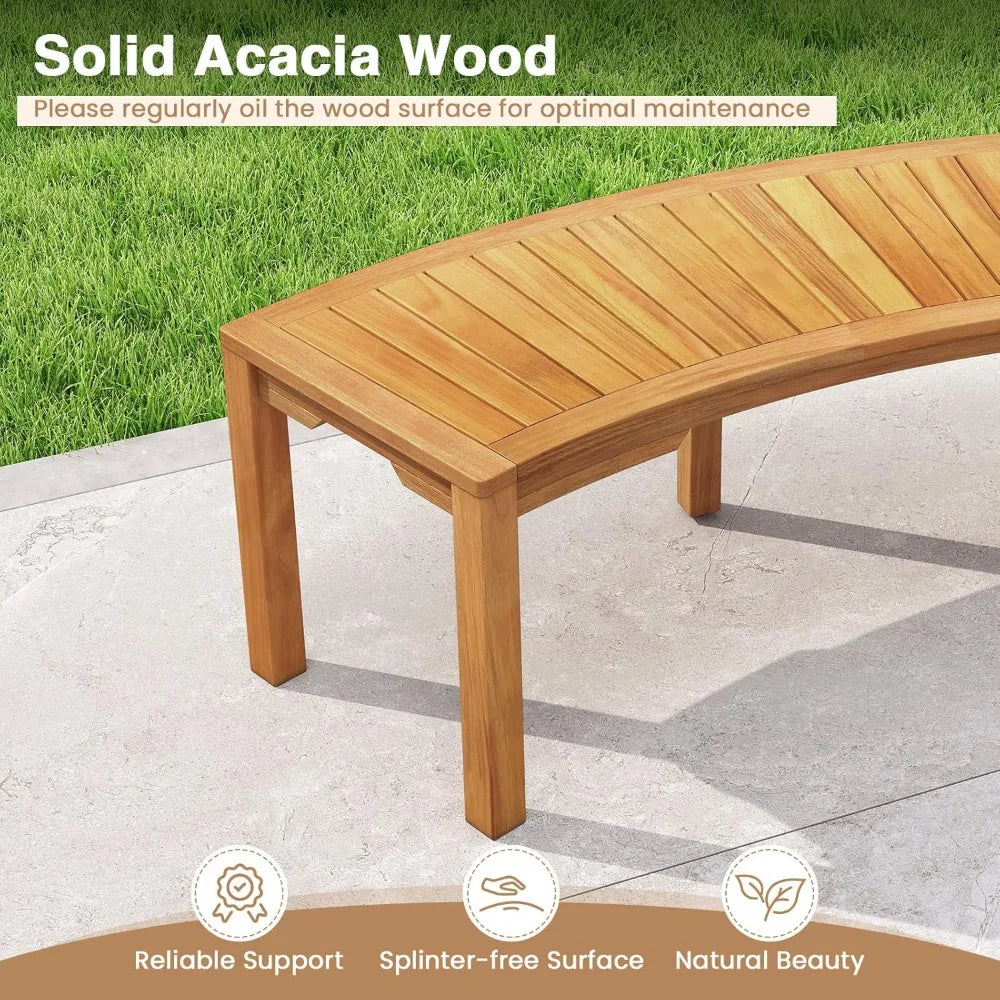 Moccha outdoor curved bench acacia wood fire pit w/slatted seat loveseat outside chair patio backless 2-person seating