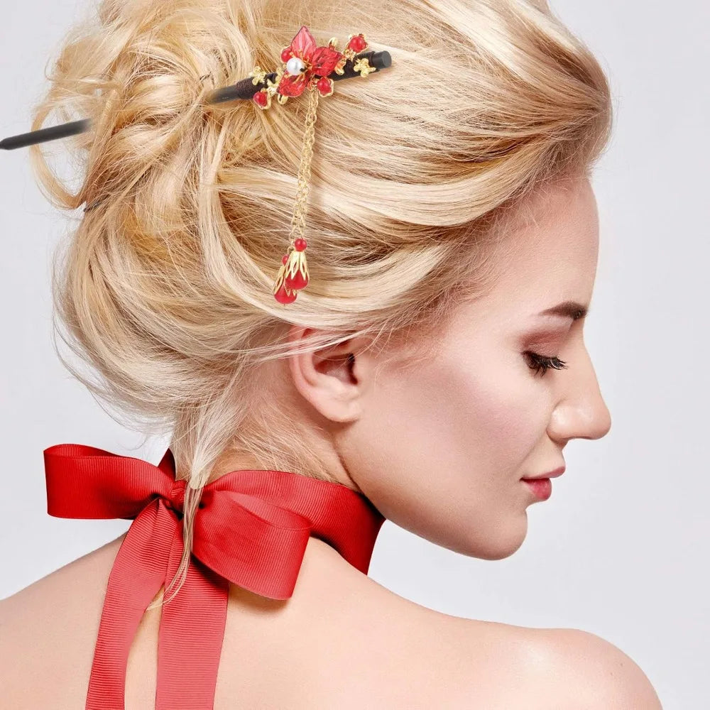 Waydress 4 pcs asian hair stick accessories for women chinese japanese chopsticks clips retro geisha red wooden cherry