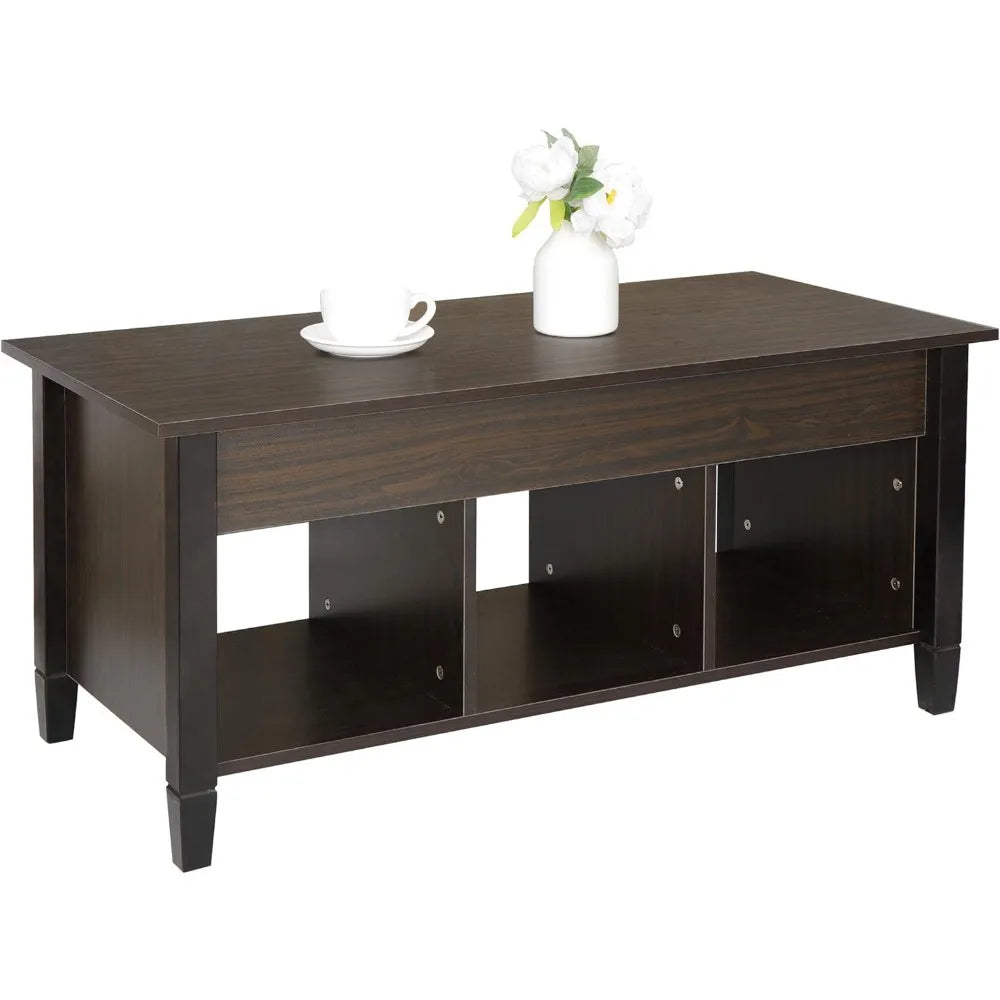 Wood coffee table lift top with hidden compartment 3 storage shelf modern pop-up rising dining for home - espresso