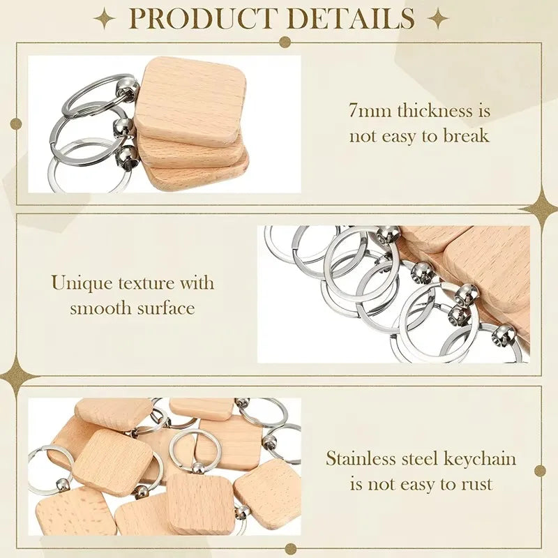 100pcs wood blanks keychain key chain square shaped wooden keychains for diy gift craft supplies