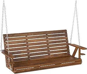 Upgraded wooden porch swing 3-seater 5 ft outdoor patio bench with cupholders hanging chains chair for pat - carbonized
