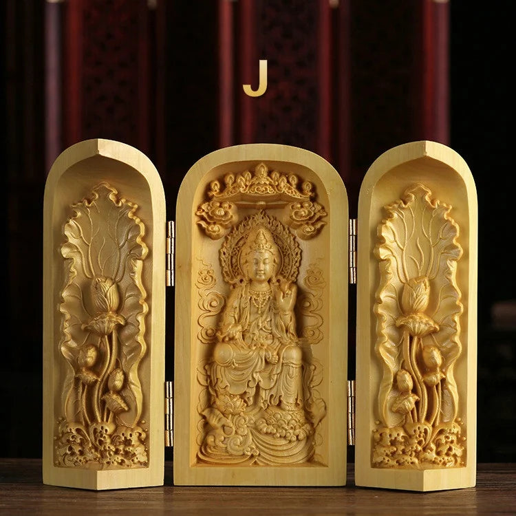 1pc exquisite boxwood carving guanyin buddha statue western sansheng wood crafts home decoration - j - religious