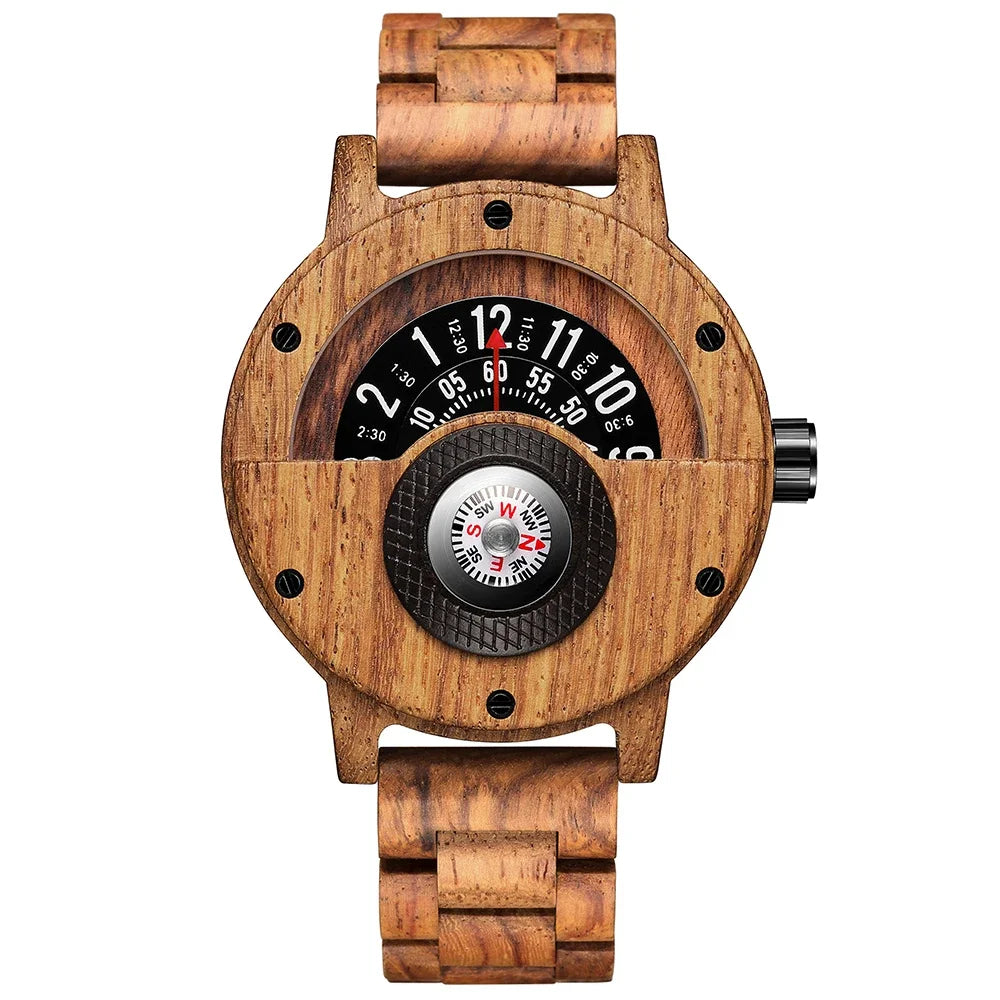 Multifunction wooden wristwatch for men quartz wrist watches creative compass man clock black walnut red wood band case