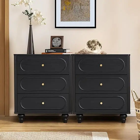 3 drawer fluted dresser for bedroom mid century modern chest of drawers wood storage small organizer livi - 2 set black