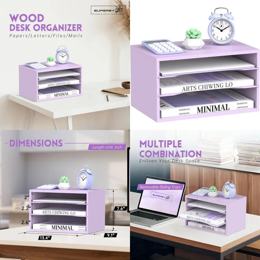 Supeasy wood desk organizer 3 tier paper file for wooden desktop letter literature mail sorter f - united states