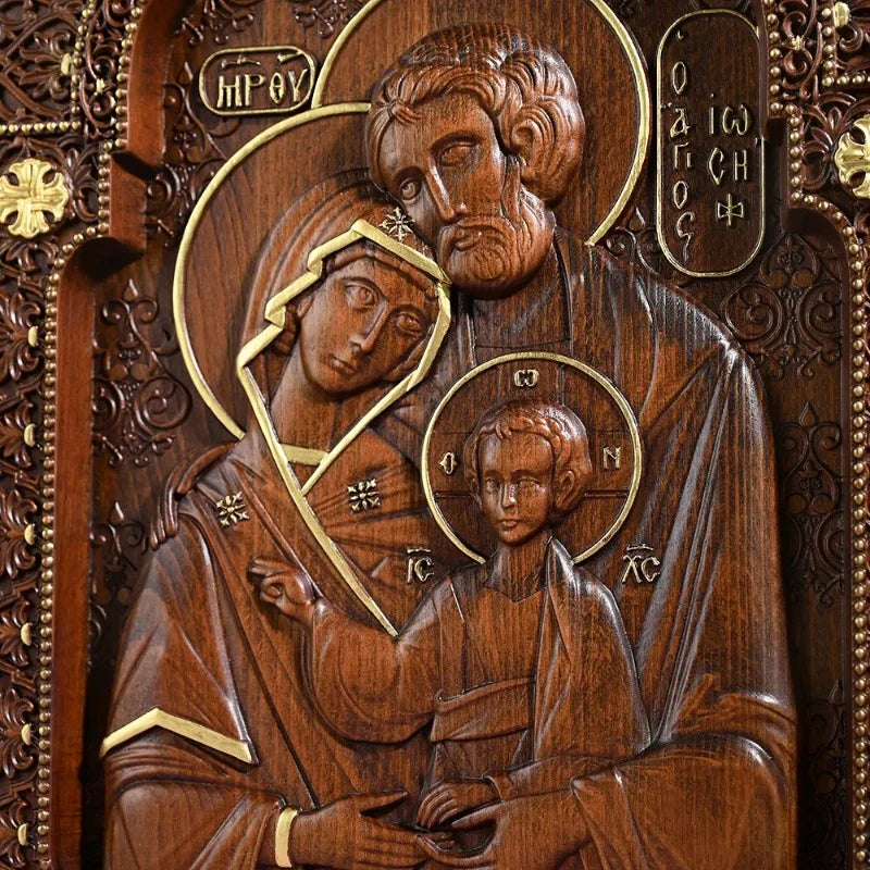 Religious holy family catholic wood carving byzantine icon plaque jesus home hanging decor - (christian)