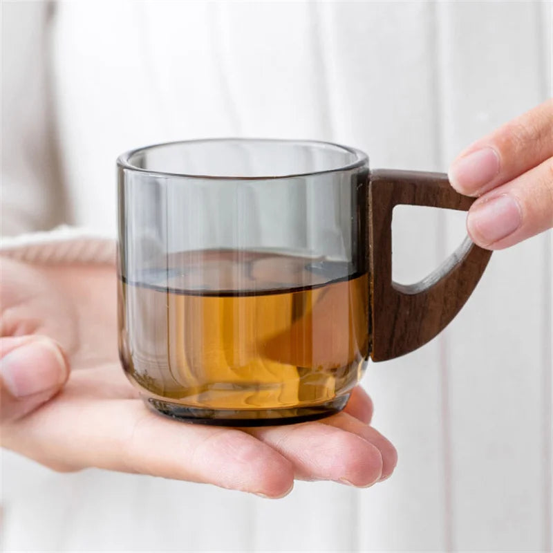 6pcs/lot 100ml small glass cup with wooden handle heat resistant espresso coffee cups tea water tasting kung fu set