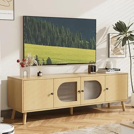 Tv stand for 55/60/65 inches wood media cabinet with glass doors entertainment center storage living room bed - united