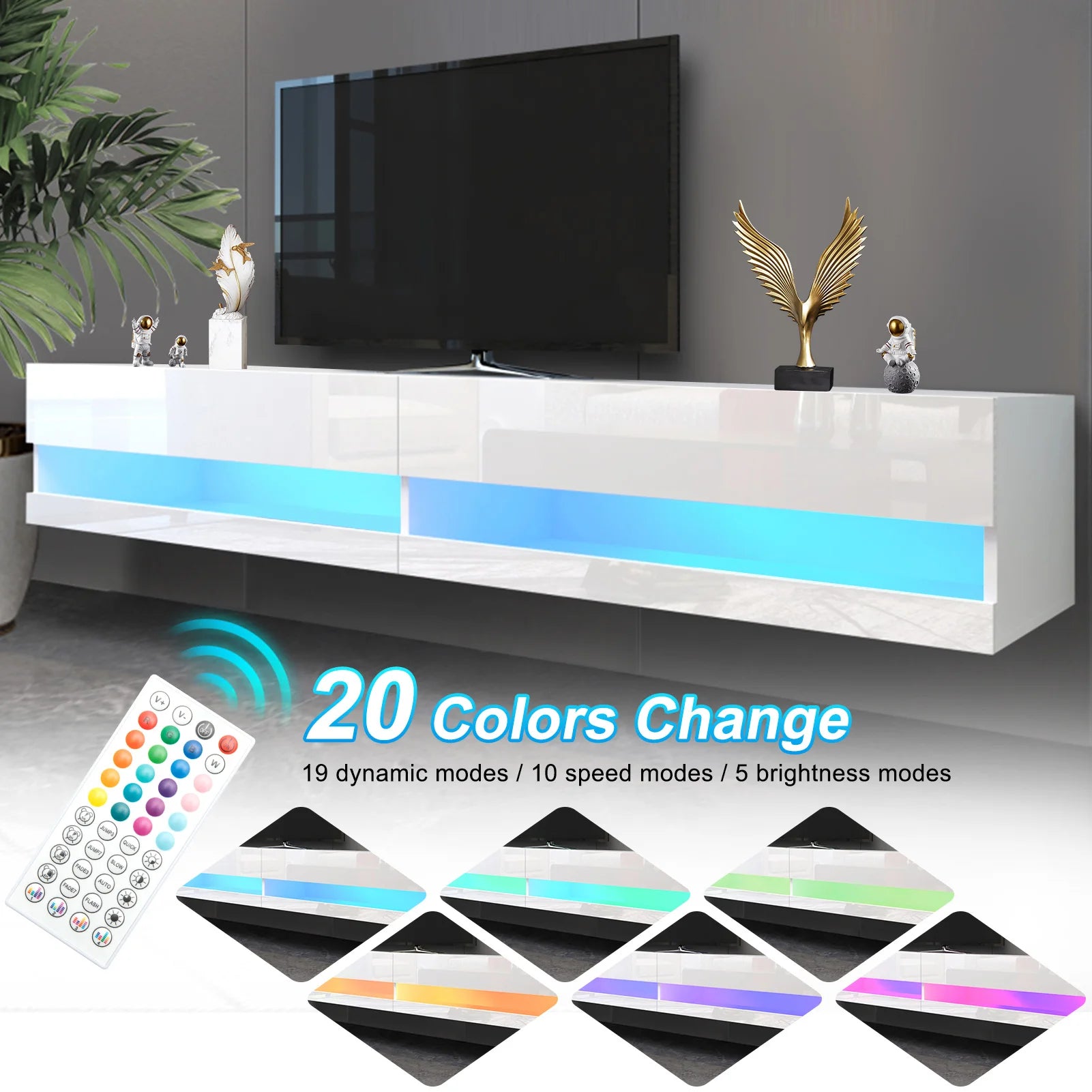 71’’ floating tv stand for 75/80’’ wall mounted led w/power outlets modern high gloss media console white/black