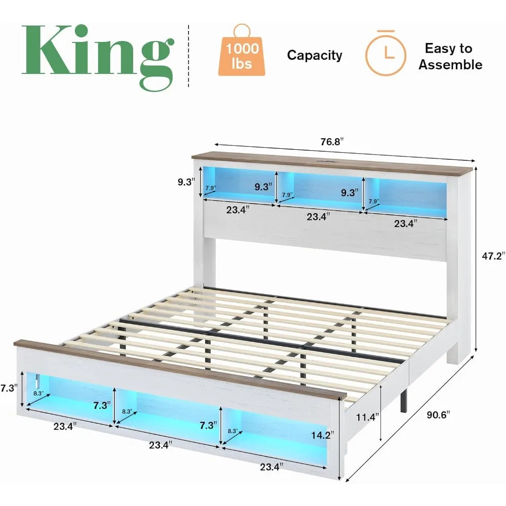Albott farmhouse king size bed frame with storage bookcase headboard and footboard wood platform sl - white / united