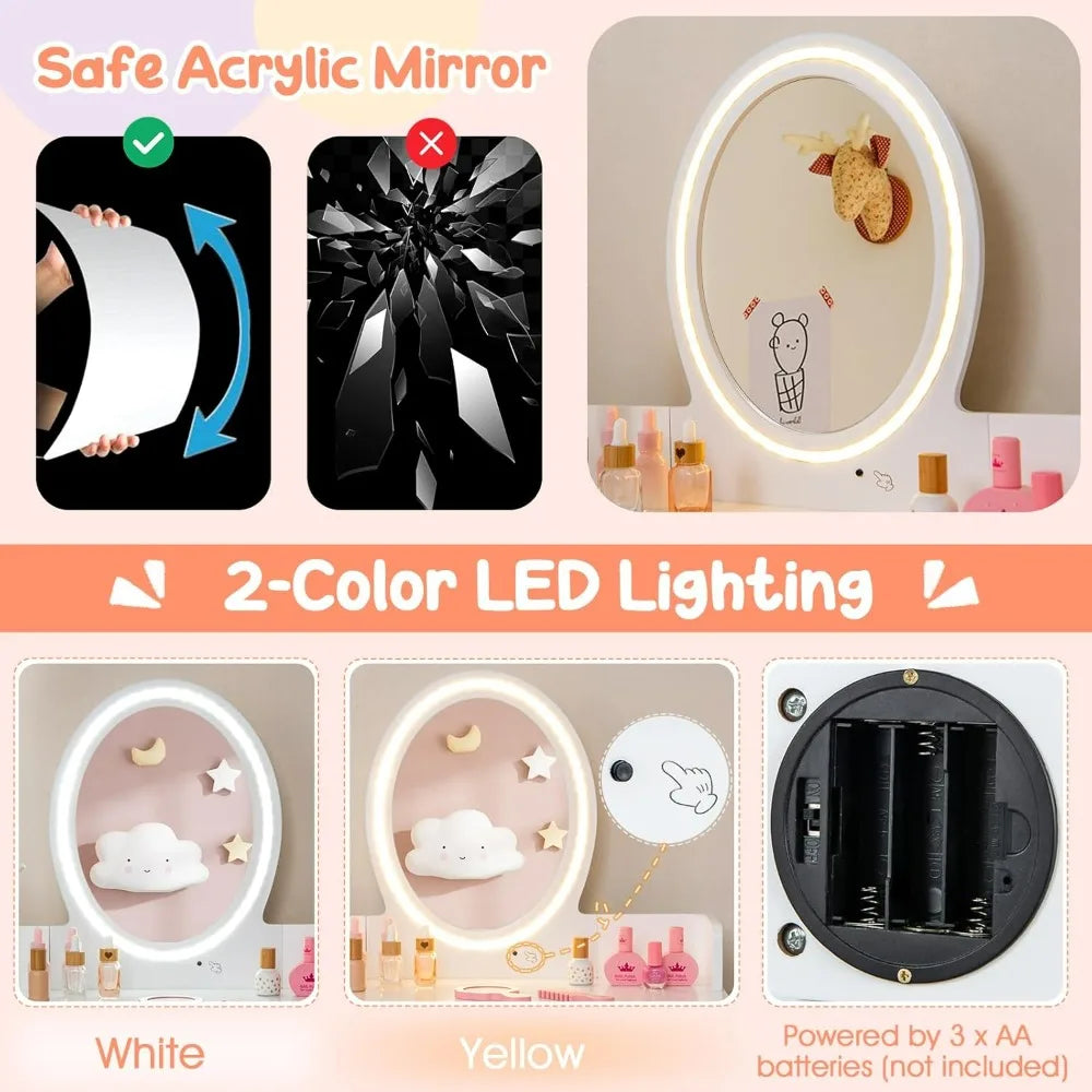 Kids vanity girls set with mirror and stool lights drawer jewelry rack 2 in 1 wooden princess makeup desk dressi
