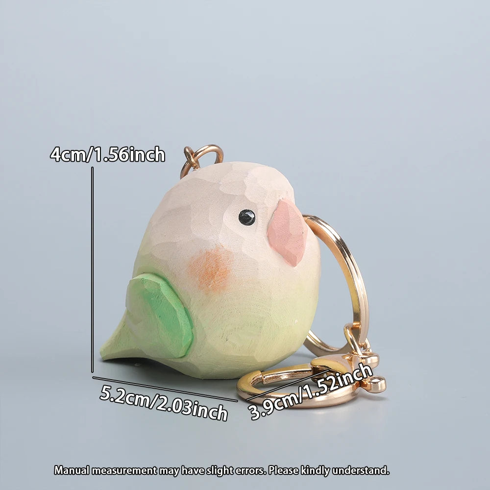 Handcrafted green parrot keychain wooden sculpture bag charm car key holder blue keyring handmade gift christmas - chain