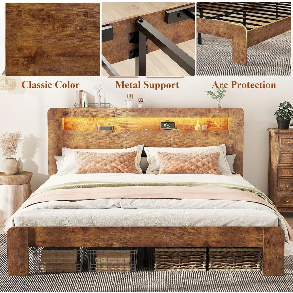 King size farmhouse style platform bed frame with storage headboard bookcase shelf and led lights - rustic brown