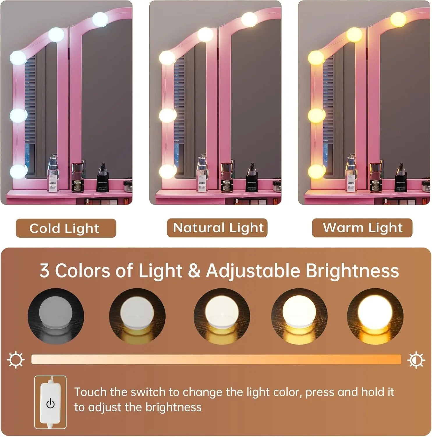 Vanity desk with tri-fold mirror and lights makeup wood upholstered stool 5 drawers & 8 jewelry - united states / pink