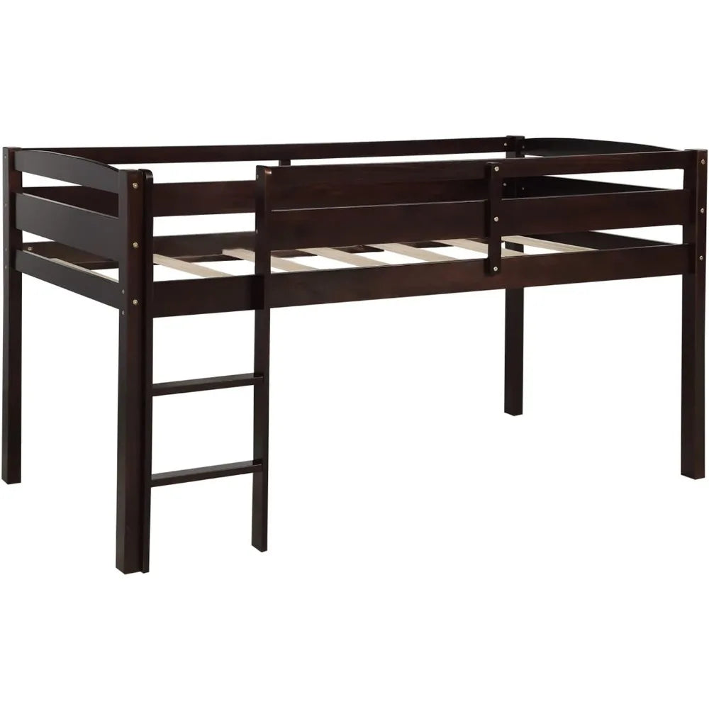 Merax kids wood low loft bed with full length guardrail bunk for juniors no box spring needed espresso