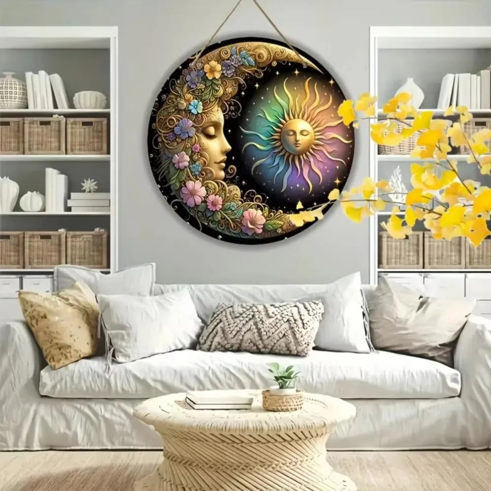 Exclusive floral wood mandala sign– 2d sun & moon wall art with handcrafted details | classic decor for bedrooms living